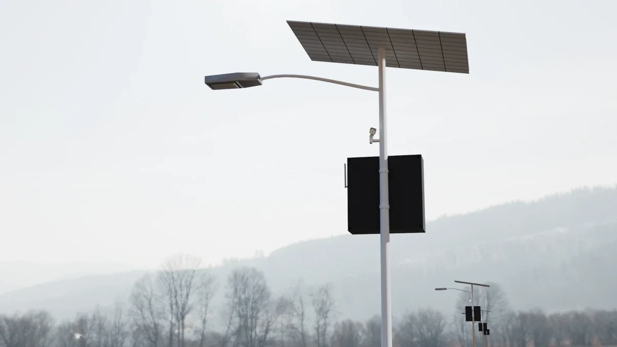 CaneaTech solar smart pole with LED lamp, CCTV camera and battery box